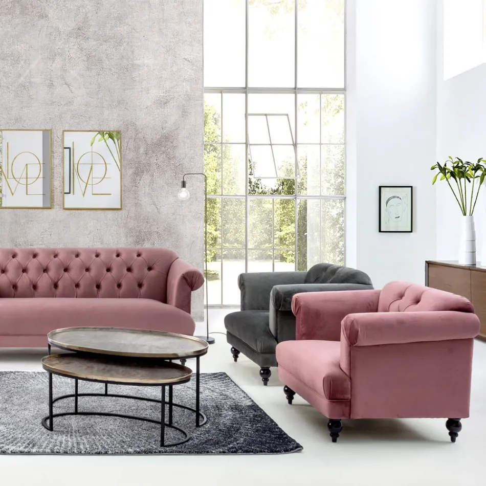 Sillón de diseño clásico en madera y efecto terciopelo gris o rosa - Sanny Viadurini