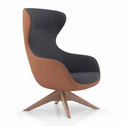 Sillón giratorio de cuero con base de madera Made in Italy - Mariposa Viadurini