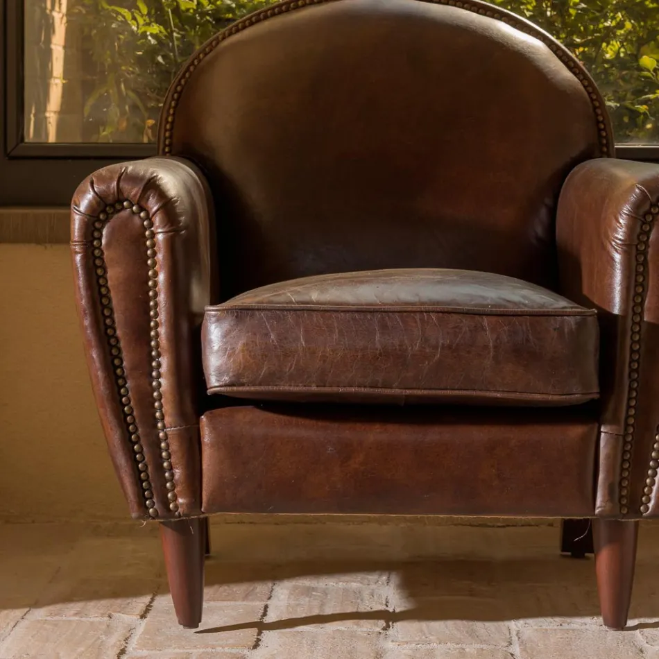 Sillón de interior en cuero vintage efecto envejecido marrón oscuro - Stamp Viadurini