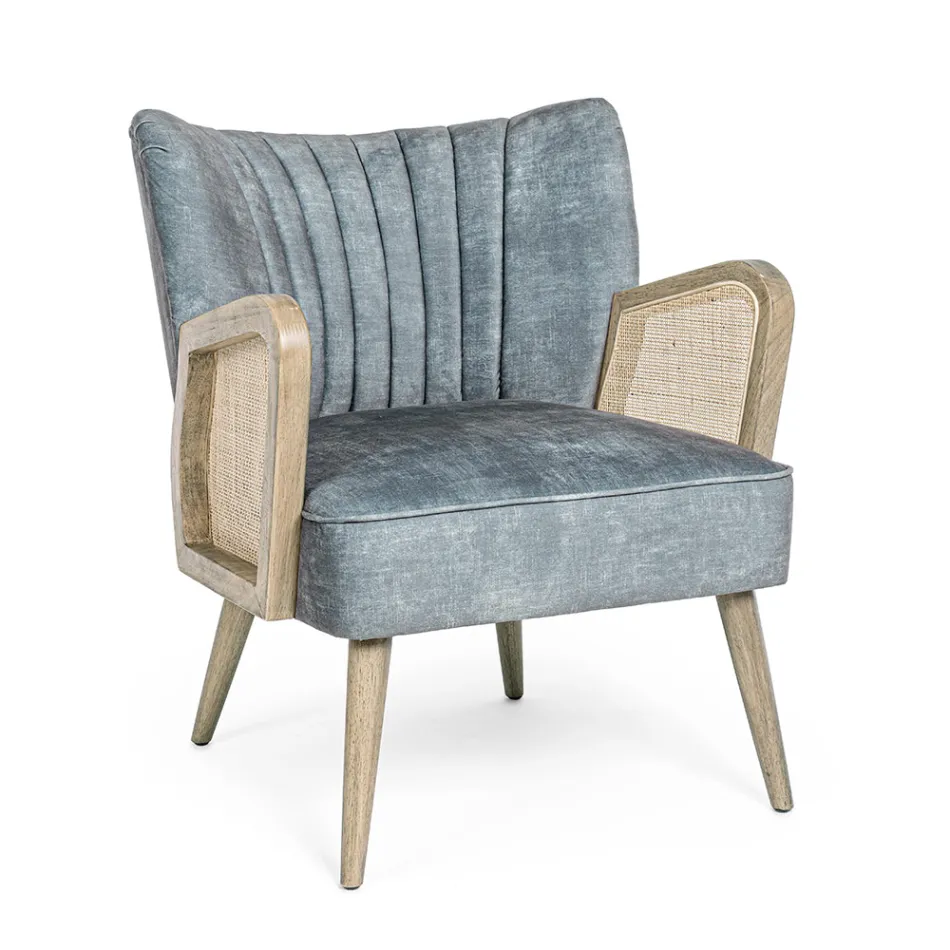 Sillón vintage de madera con reposabrazos de ratán y poliéster - Ludovica Viadurini