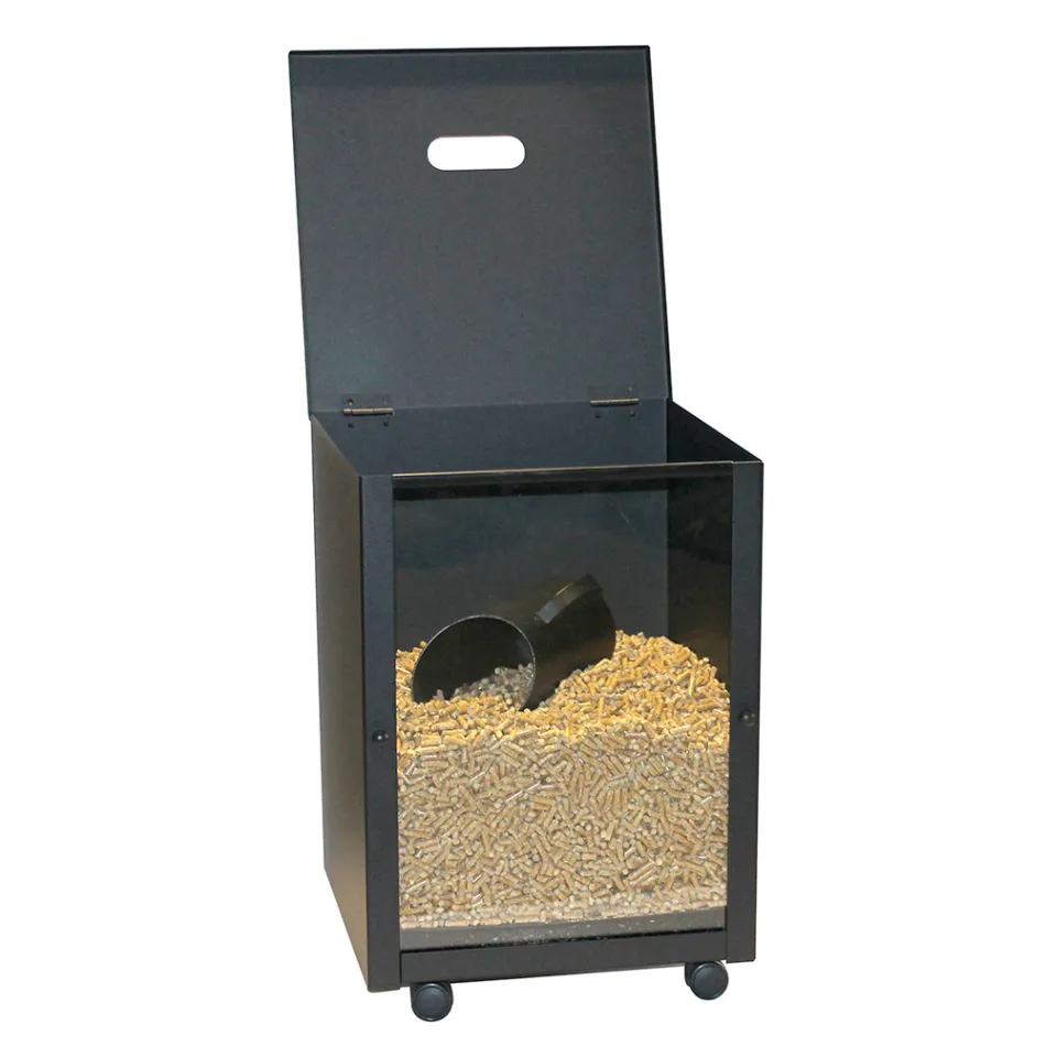 Porta pellets de acero pintado de negro con plexiglás Made in Italy - Pellicano Viadurini