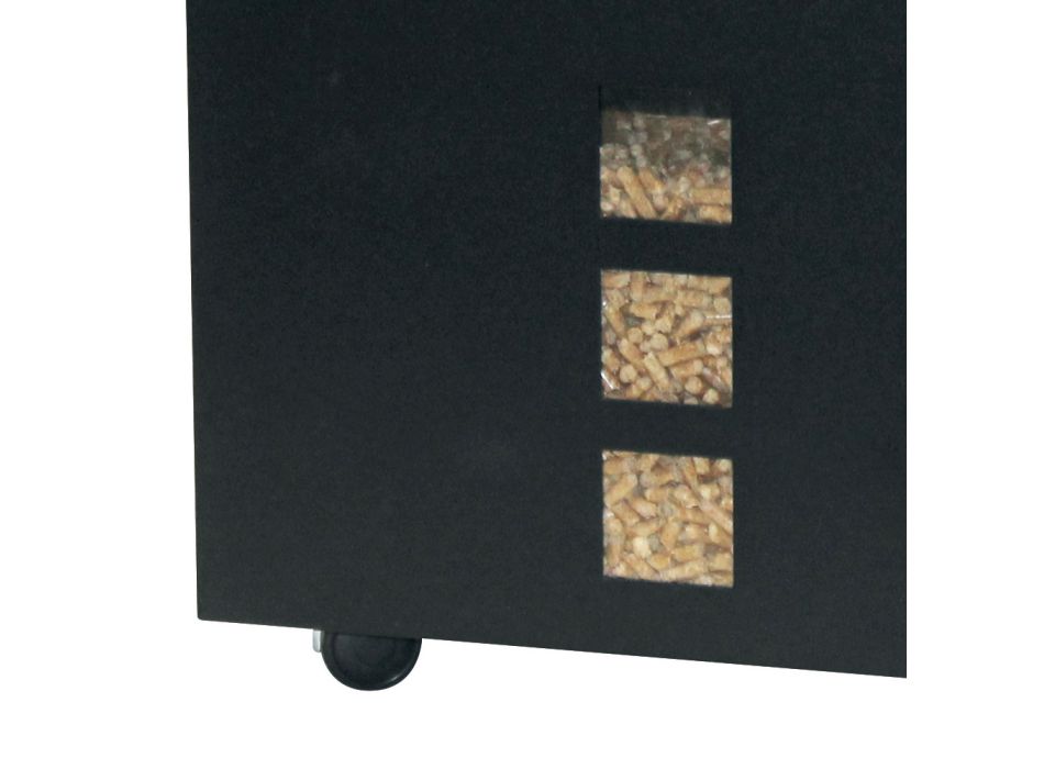 Porta pellets cuadrado de acero pintado de negro y ruedas