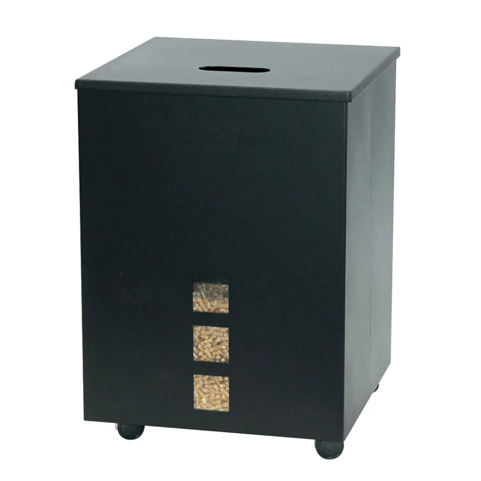 Porta pellets cuadrado de acero pintado de negro y ruedas Made in Italy - Parrot Viadurini