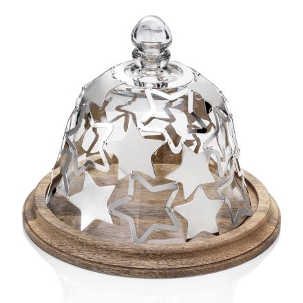 Soporte para pastel de campana en madera y vidrio con estrellas de metal plateado - Ilenia Viadurini