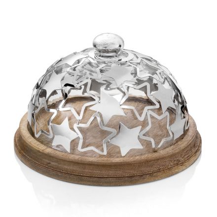 Soporte para tartas en madera y vidrio con estrellas de metal plateado de lujo - Ilenia Viadurini
