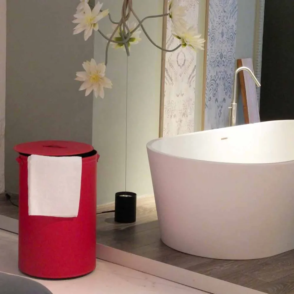 Cesto de ropa cilíndrico en piel regenerada a mano Roby. Viadurini