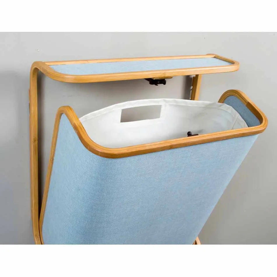 Moderno cesto para la ropa de pared en valenza, tejido azul marino y bambú. Viadurini