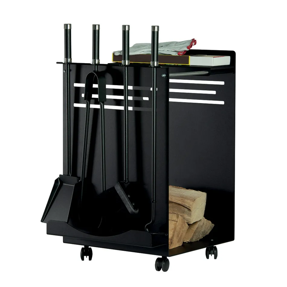 Porta leña con porta herramientas con 4 accesorios integrados Made in Italy - Búho Viadurini
