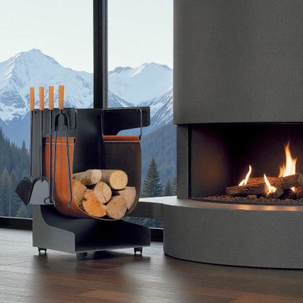 Porta madera en ecopiel y metal con 4 accesorios Made in Italy - Camel Viadurini