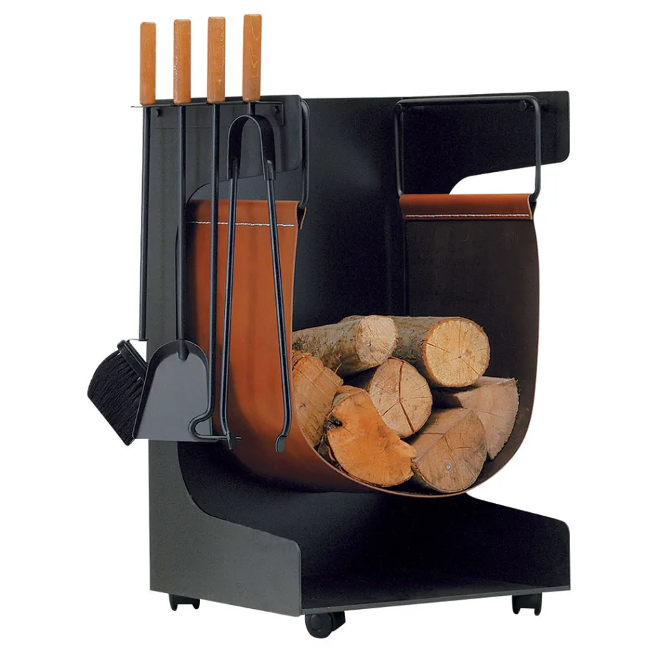 Porta madera en ecopiel y metal con 4 accesorios Made in Italy - Camel Viadurini