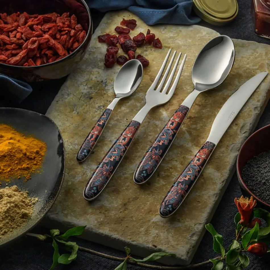 Cubiertos de acero y plástico con decoración de colores con tigre 24 piezas - Alessandra Viadurini