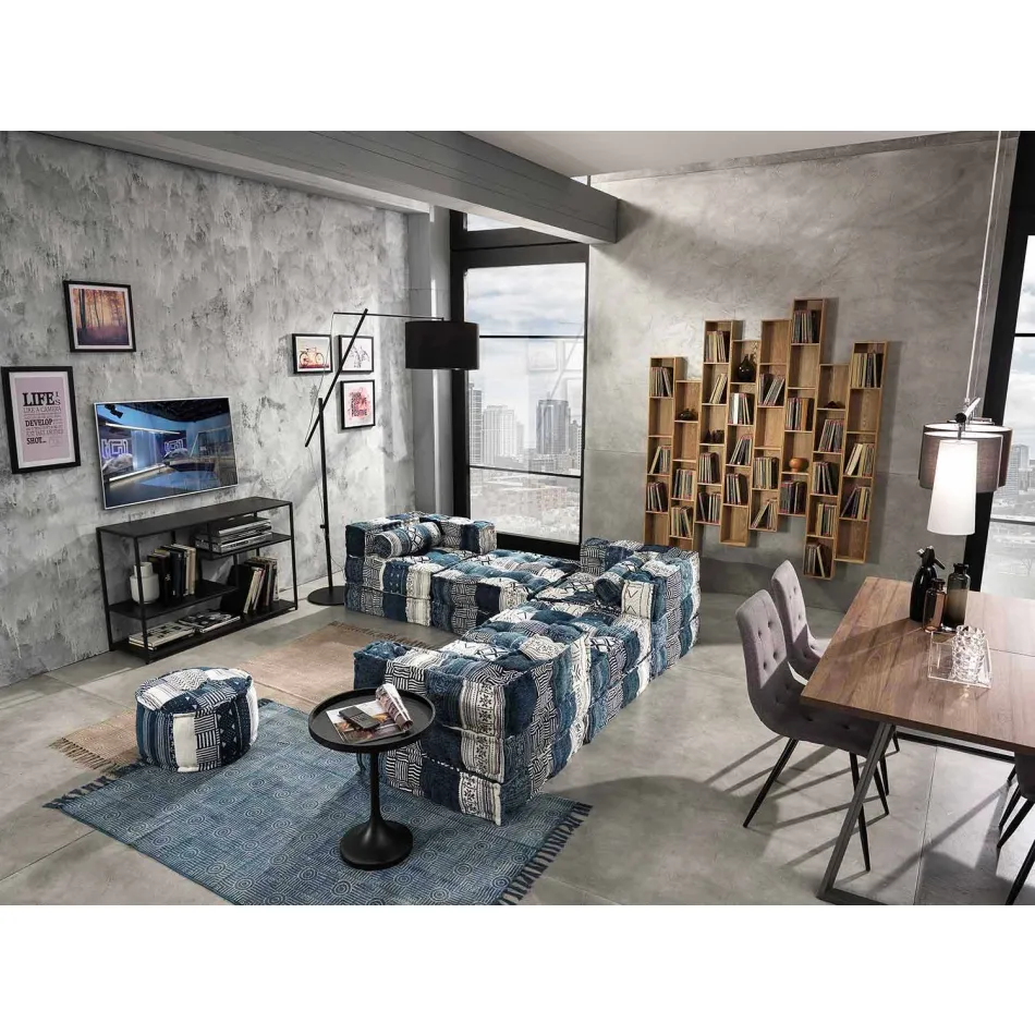 Puf étnico cuadrado en tela de patchwork o terciopelo - fibra Viadurini