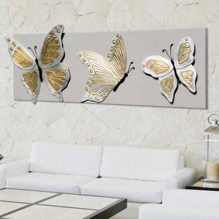 La pintura moderna con tres mariposas en relieve decorado a mano Stephen Viadurini