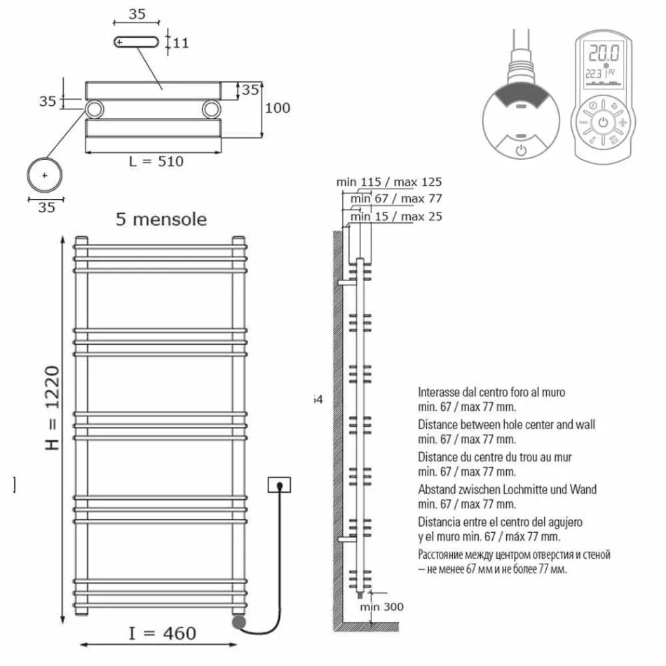 Radiador eléctrico de diseño de pared vertical moderno de hasta 700 vatios - Estante Viadurini