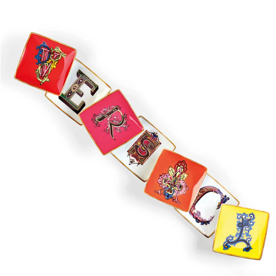Cuencos de porcelana cuadrados planos con diseño del alfabeto de Rosenthal Versace, 6 unidades - Alfabeto Viadurini