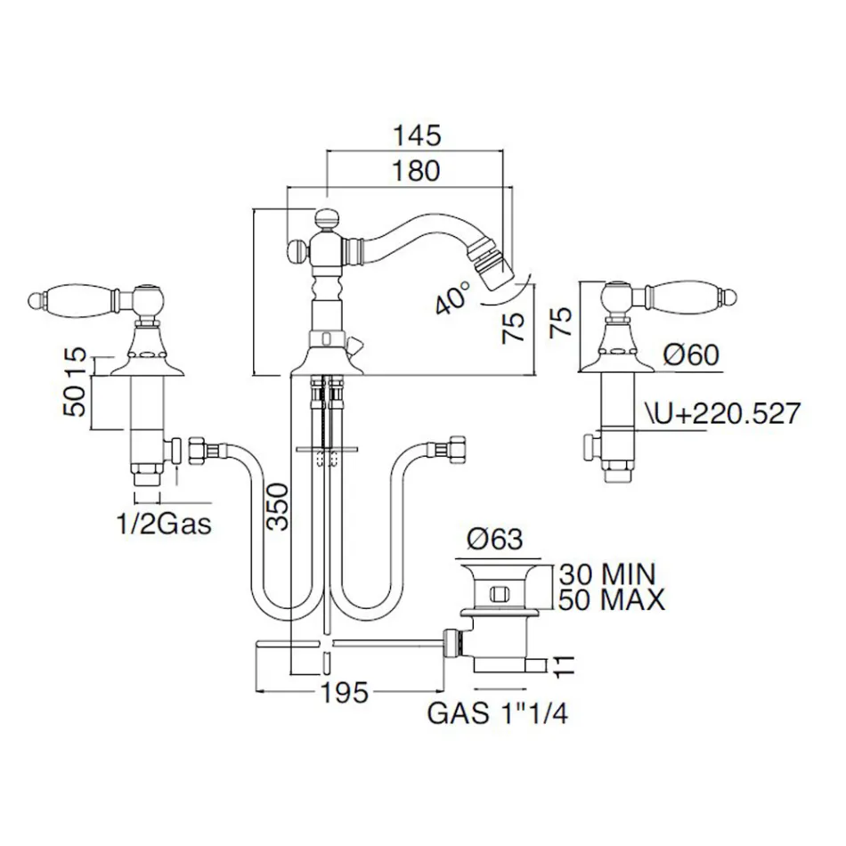 Grifo para bidé clásico de 3 orificios con palancas de latón Made in Italy - Noriana Viadurini