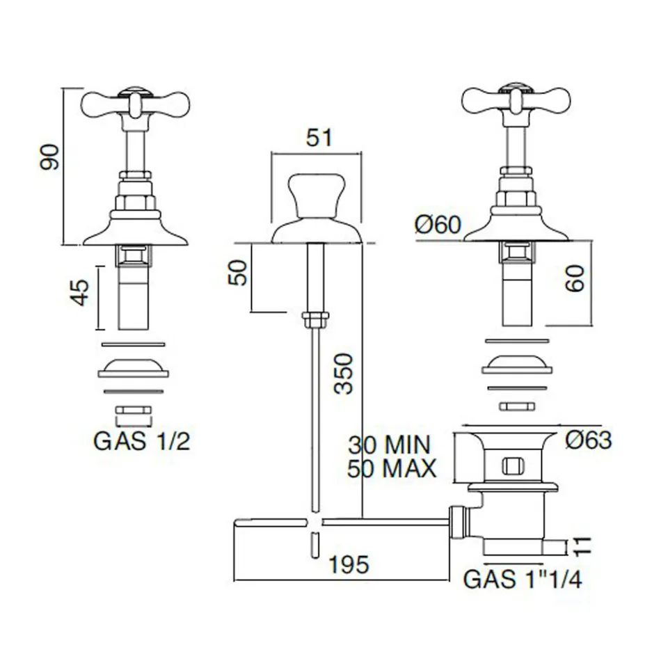 Grifo para bidé de 3 orificios con salida interna en latón hecho a mano - Fioretta Viadurini