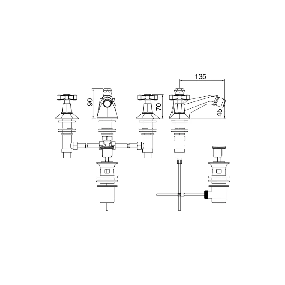 Grifo para bidé de diseño con 3 orificios en latón estilo vintage Made in Italy - Silvana Viadurini