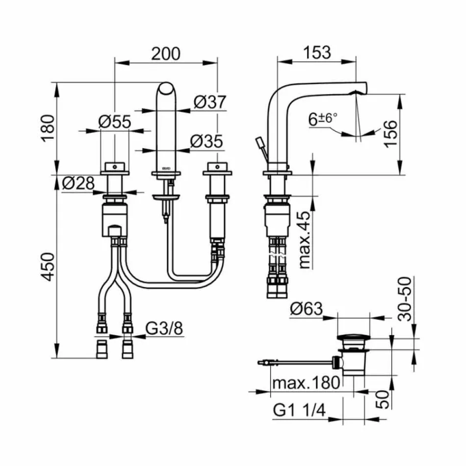 Mezclador de diseño moderno para lavabo con 3 orificios de metal Alto 15 cm - Pinto Viadurini
