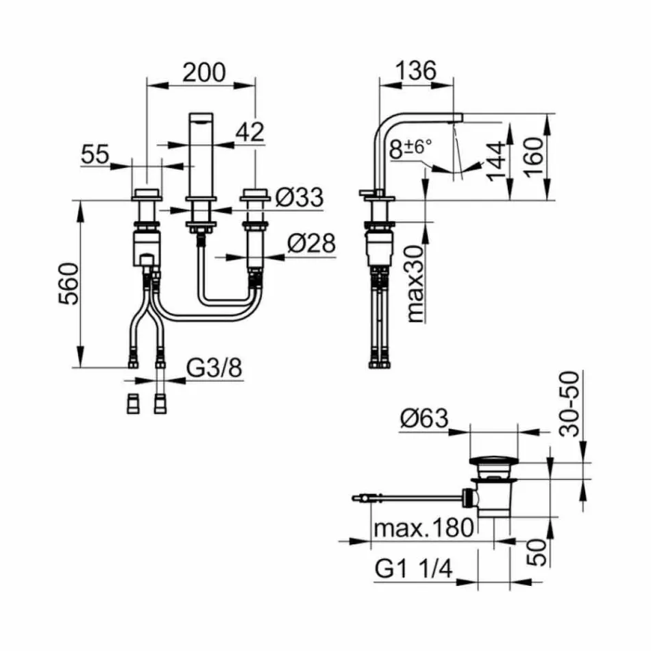 Mezclador de lavabo de baño de diseño moderno con 3 orificios de metal - Etto Viadurini