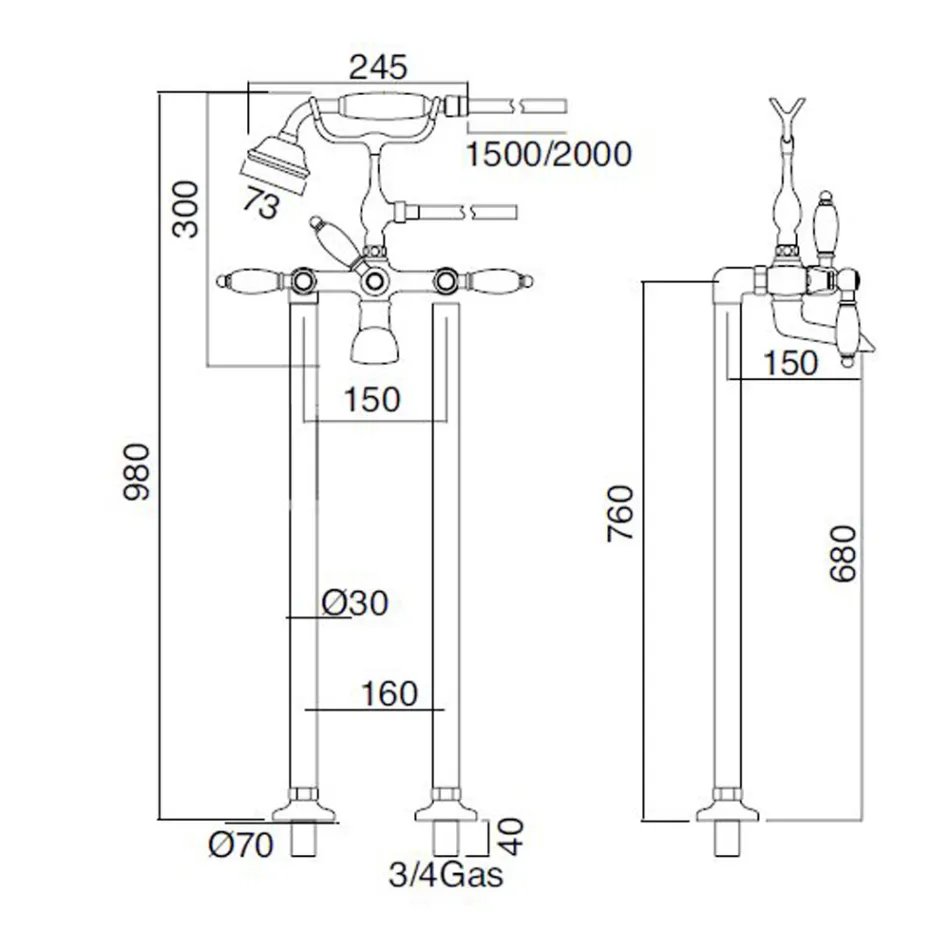 Grifería de pie para bañera con teleducha de latón Made in Italy - Noriana Viadurini