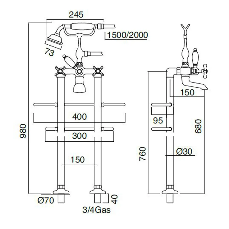 Classic Brass Grifo de pie para bañera con teleducha - Fioretta Viadurini