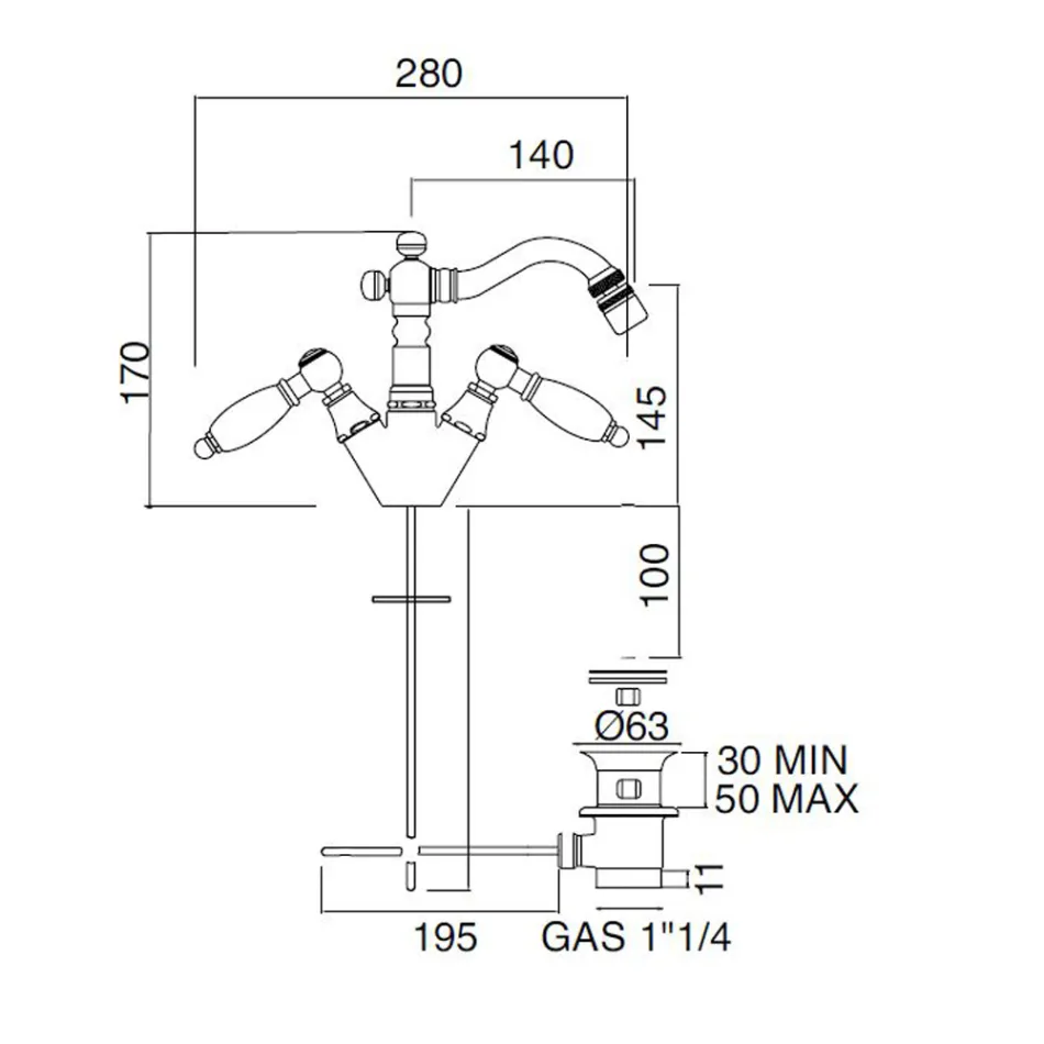 Grifo para bidé clásico de un solo orificio con palancas de latón hechas a mano - Noriana Viadurini
