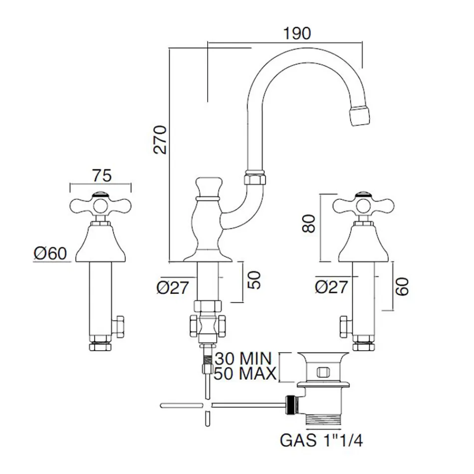 Grifo para lavabo de baño con 3 orificios en latón con caño alto y desagüe - Ercolina Viadurini