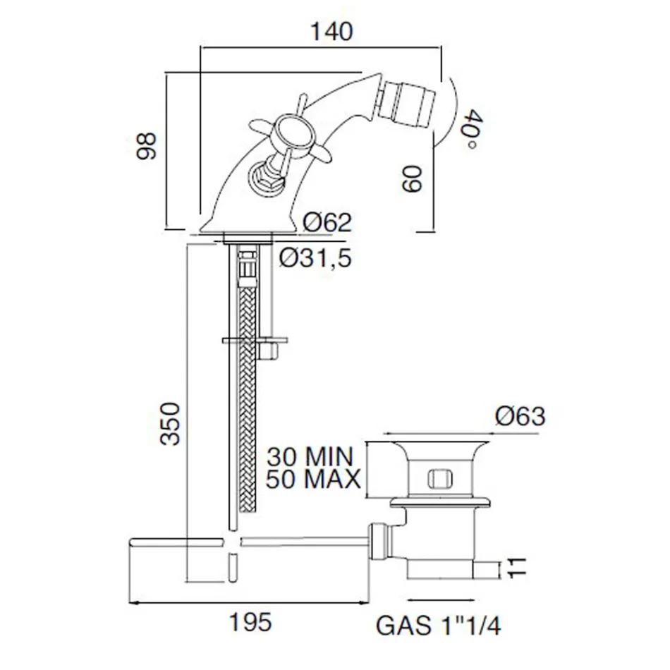 Grifo para bidé clásico de un orificio en latón y tiradores de mariposa - Miriano Viadurini