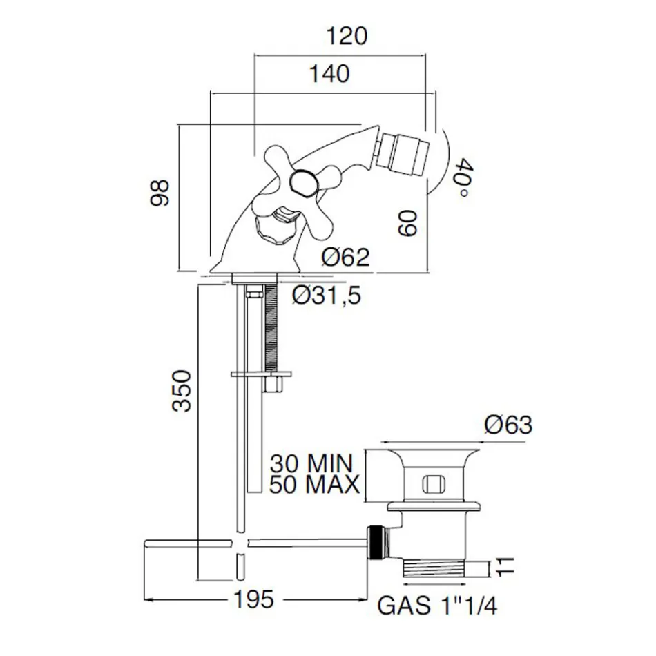 Grifo para bidé de latón de un orificio con desagüe estilo clásico - Ercolina Viadurini