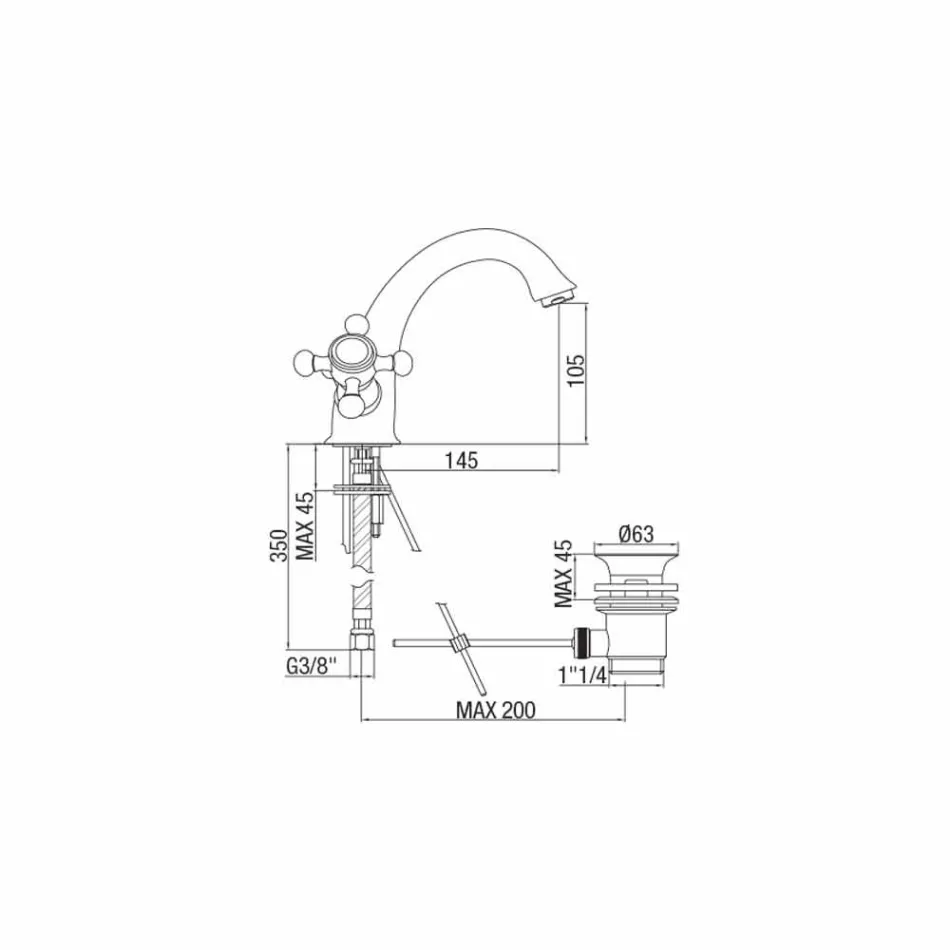 Grifo de lavabo de latón con un orificio y desagüe Made in Italy - Lisca Viadurini