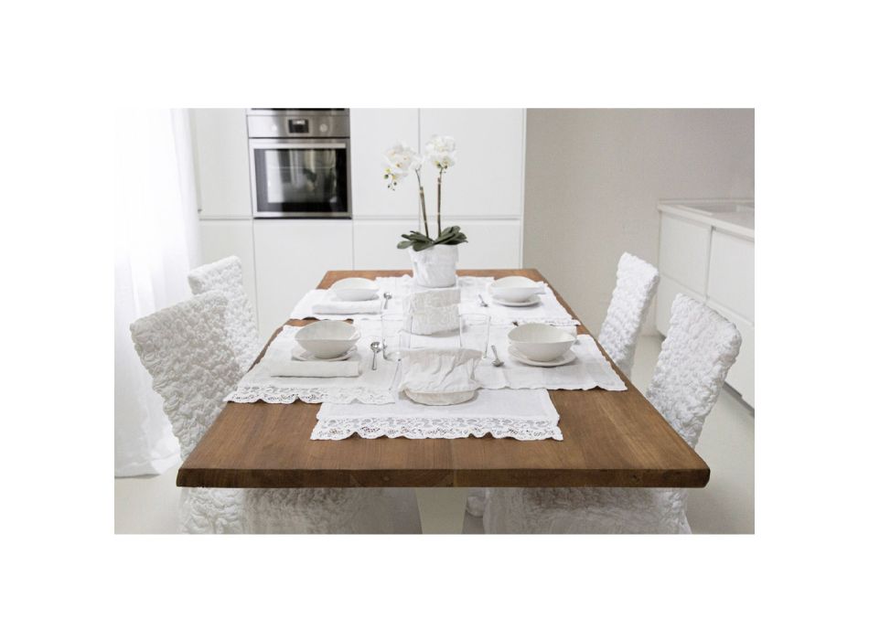 Camino de mesa de lino blanco pesado con encaje de tul italiano de lujo - Eucaro Viadurini