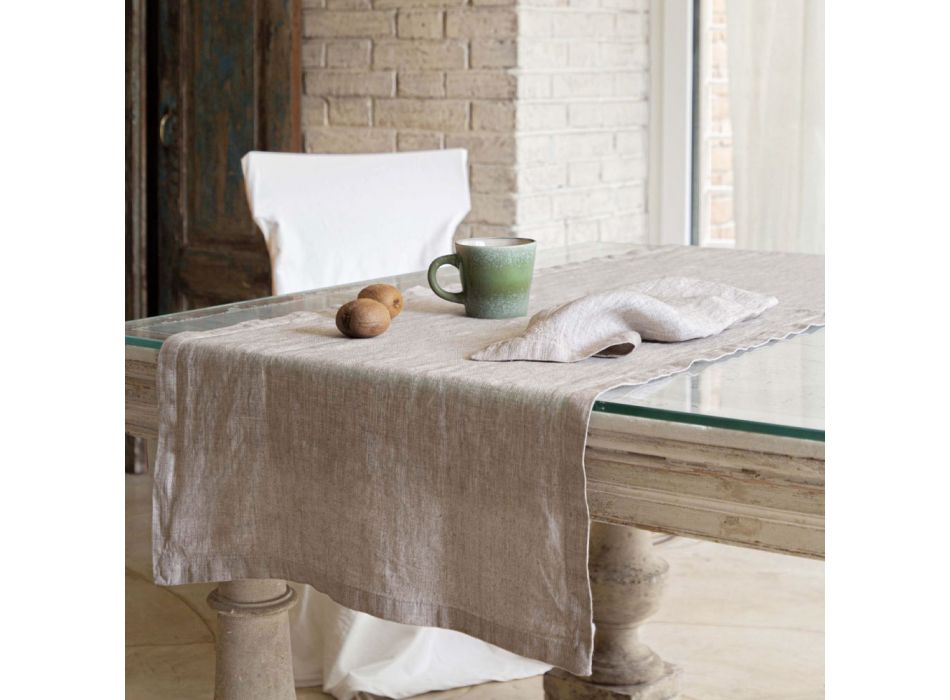 Camino de mesa en lino beige con borde artesanal italiano de lujo con pliegue - Limao Viadurini