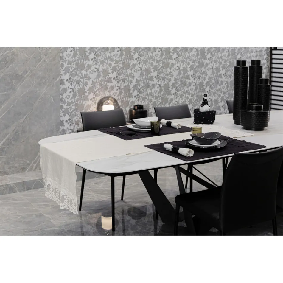 Camino de Mesa de Lino con Encaje Blanco Calidad de Lujo Italiano - Farnese Viadurini