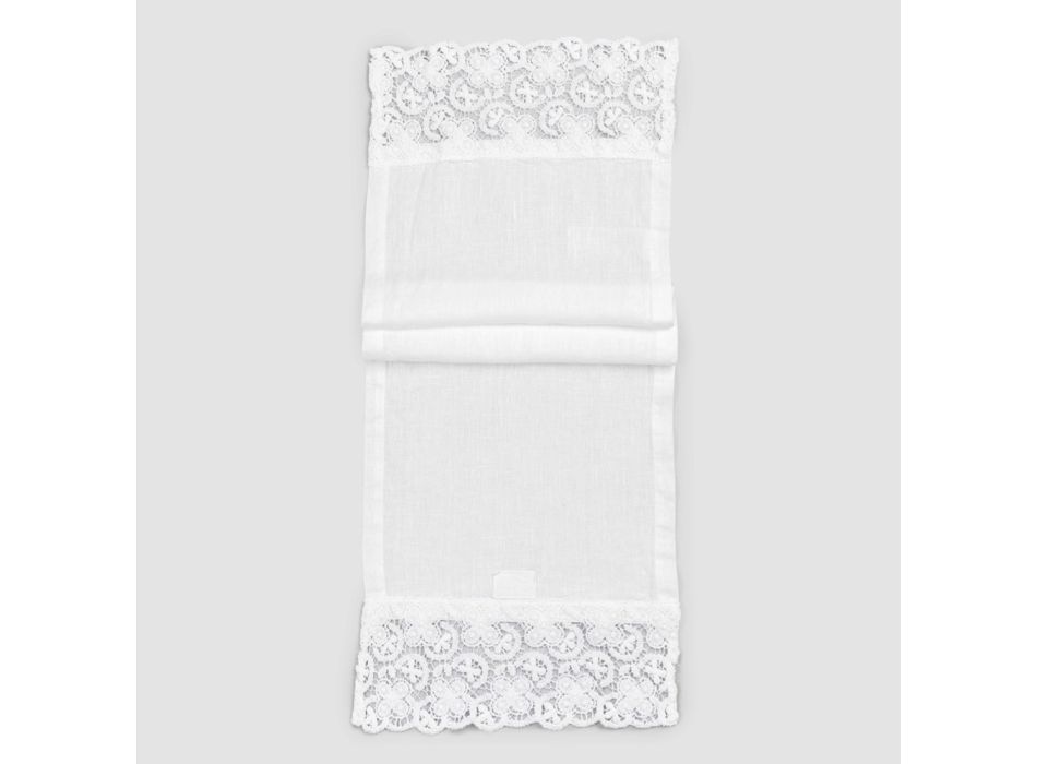 Camino de mesa de lino pesado blanco con encaje de crochet de lujo en los lados - Giangi Viadurini