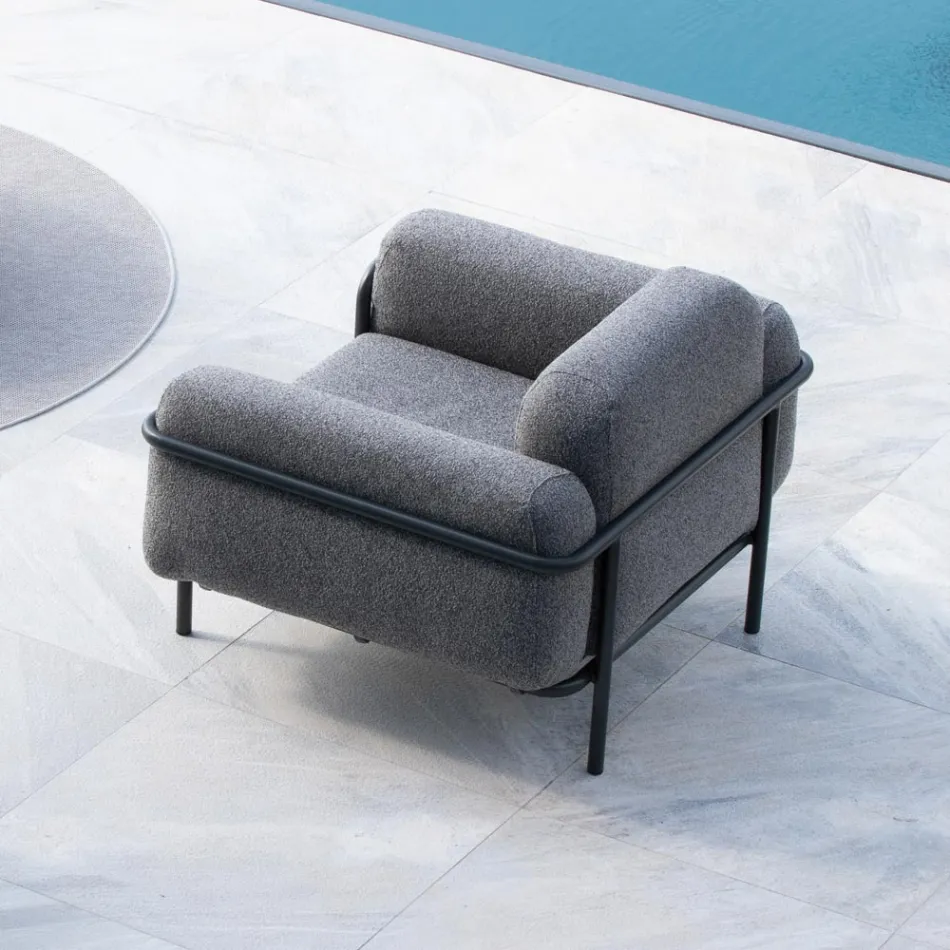 Sala de estar exterior con sofá y 2 sillones en tela Made in Italy - Suki Viadurini