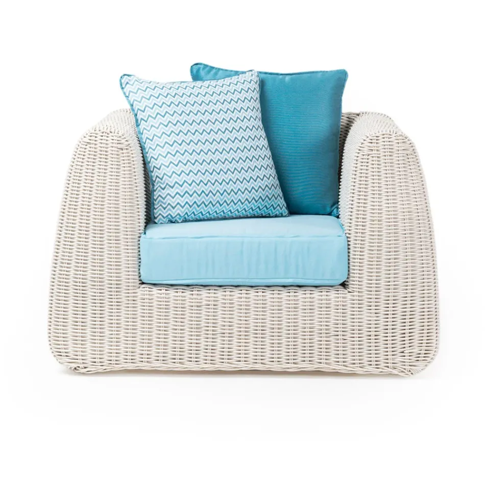 Lounge al aire libre en Polyrattan y cojines azules - Charlie Viadurini