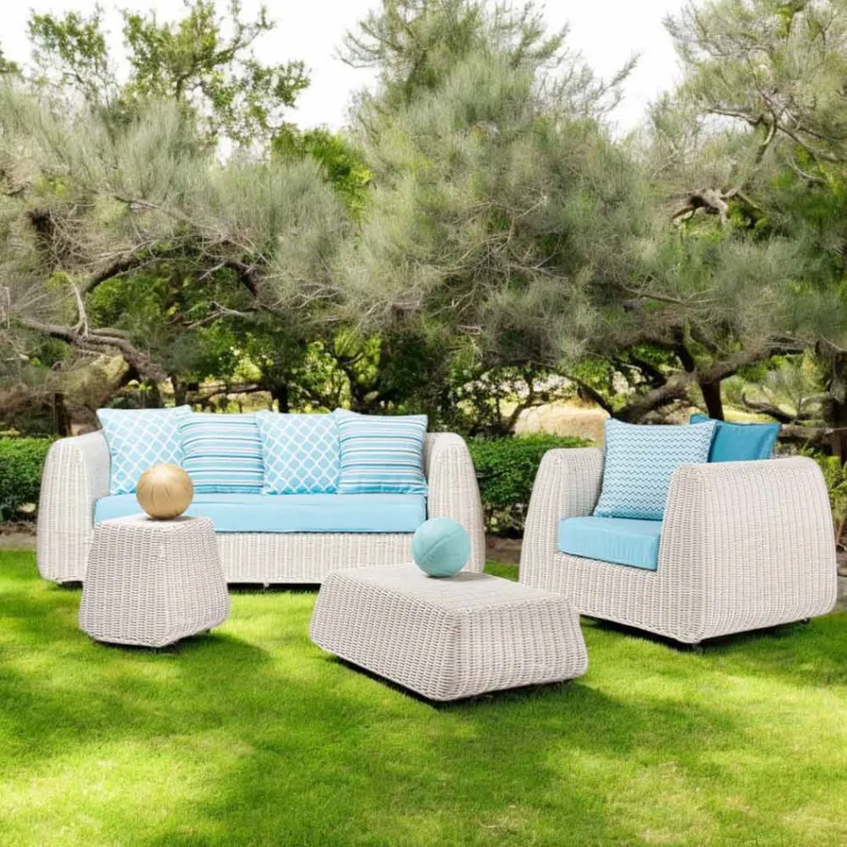 Lounge al aire libre en Polyrattan y cojines azules - Charlie Viadurini