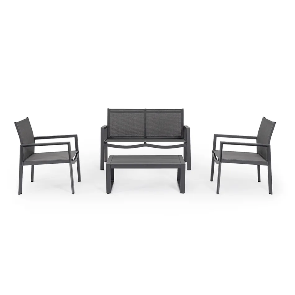 Salón de jardín con 1 sofá, 2 sillones y 1 mesa de centro - Plano Viadurini