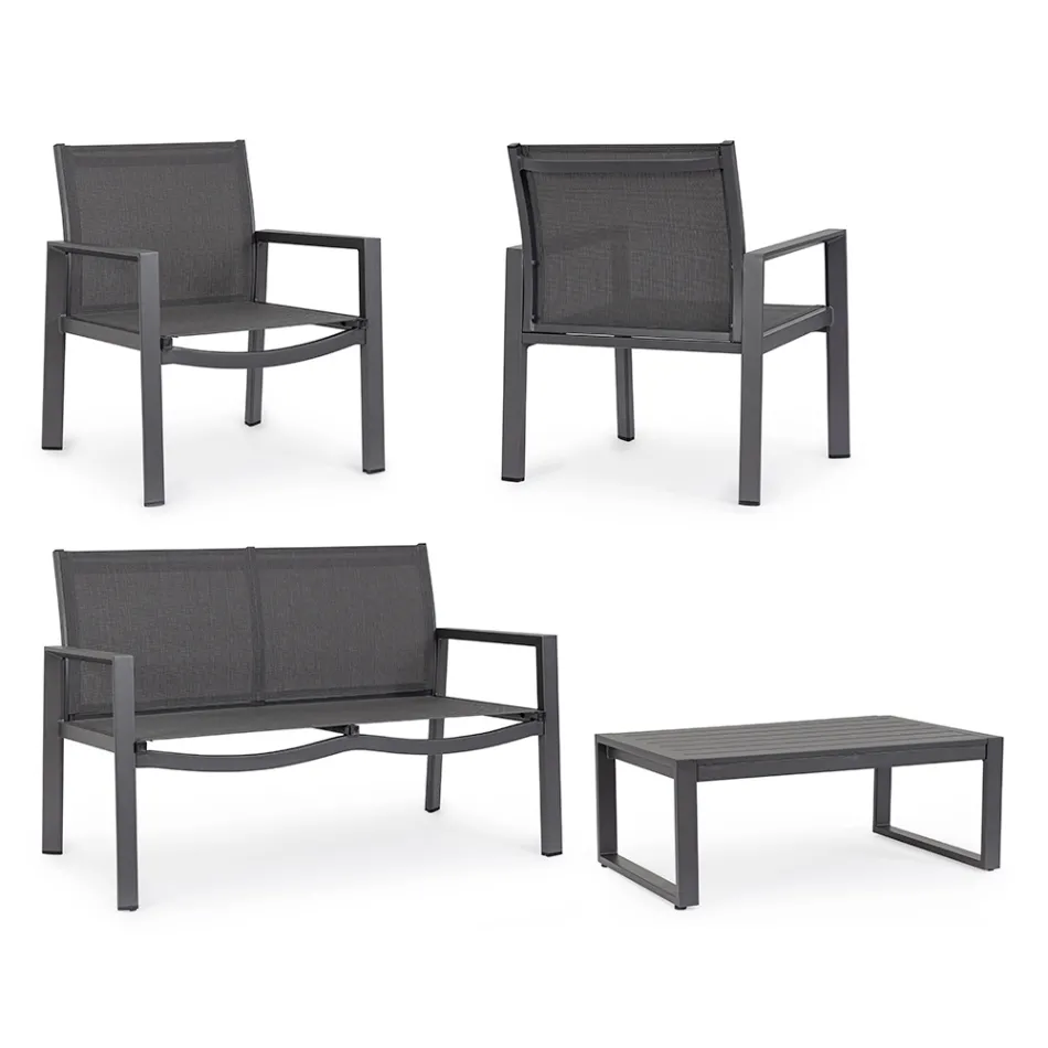 Salón de jardín con 1 sofá, 2 sillones y 1 mesa de centro - Plano Viadurini