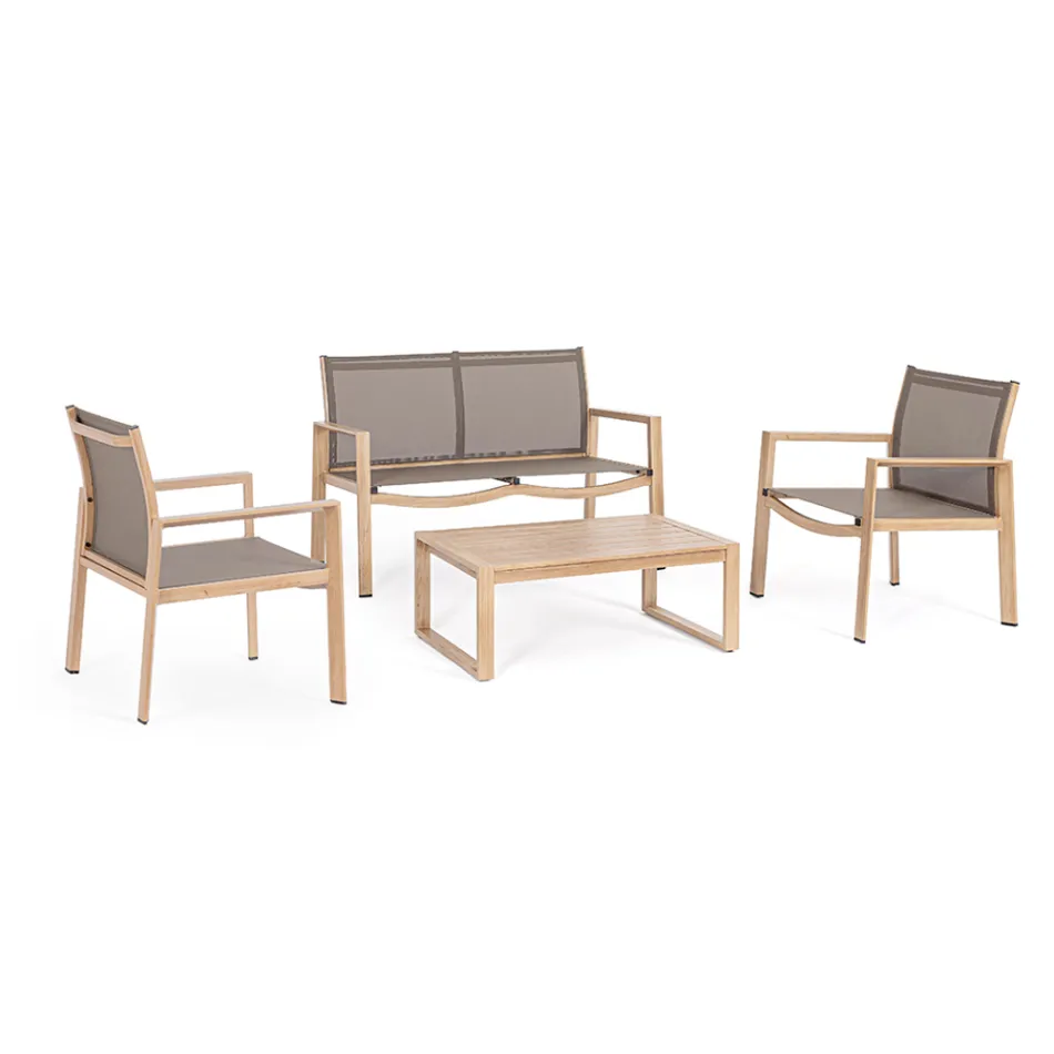 Salón de jardín con 1 sofá, 2 sillones y 1 mesa de centro - Plano Viadurini