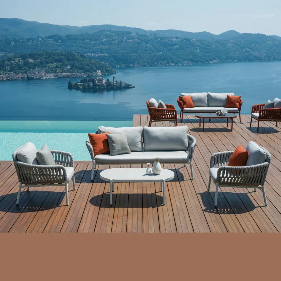 Sillón de jardín de aluminio y cuerda con mesa de centro - Dingo Viadurini