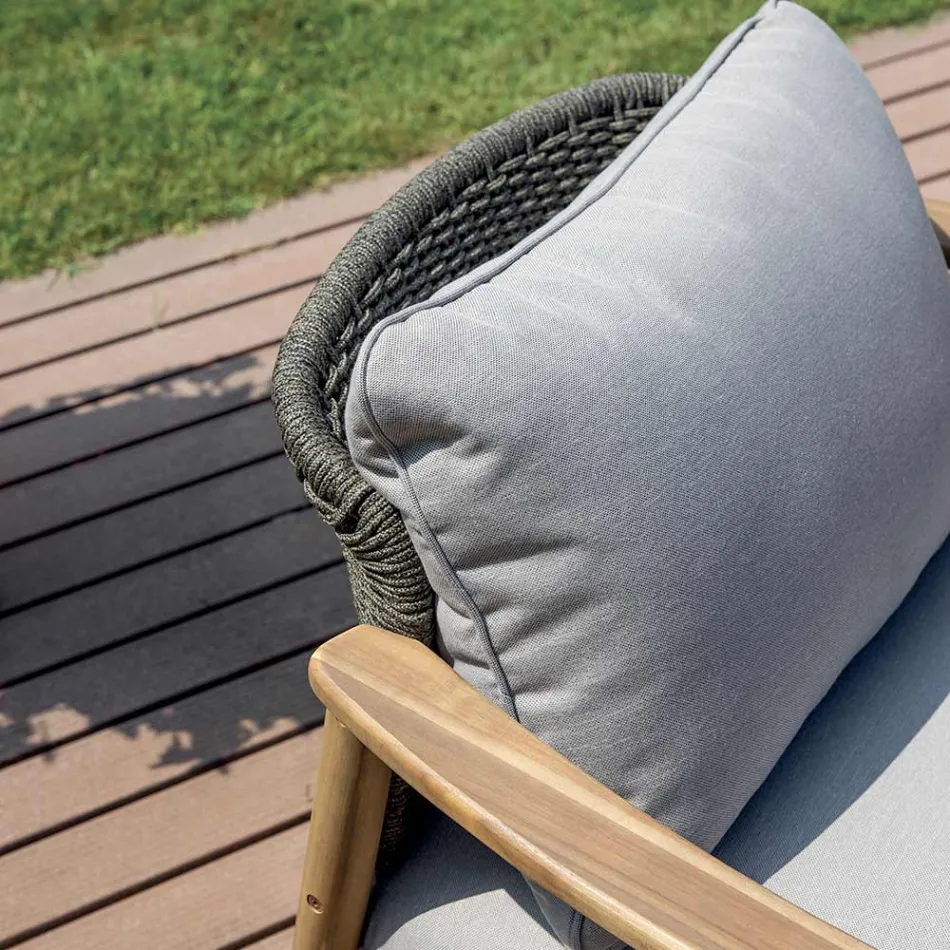 Conjunto de jardín de madera de acacia Rosira con cuerda y cojines grises Viadurini