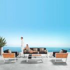 Sofá de 3 plazas, 2 sillones y mesa de centro de aluminio y teca Lounge Outdoor - Hatice Viadurini