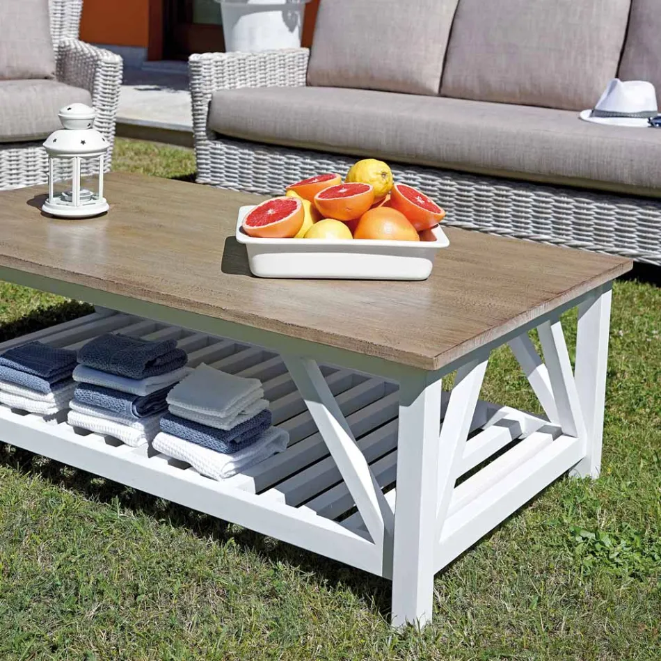 Salón al aire libre con mesa de centro de madera de mango y cojines de polialgodón - Orlanda Viadurini