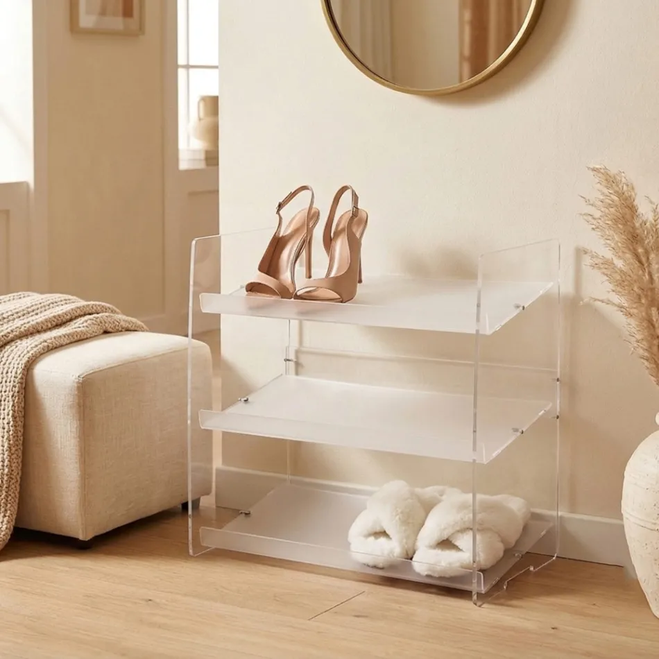 Zapatero Nerina de 3 niveles en plexiglás transparente, fabricado en Italia. Viadurini