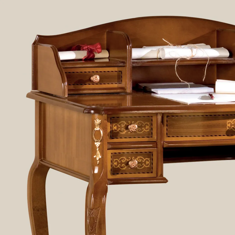 Escritorio 7 cajones de madera de nogal con incrustaciones Made in Italy - Katerine Viadurini