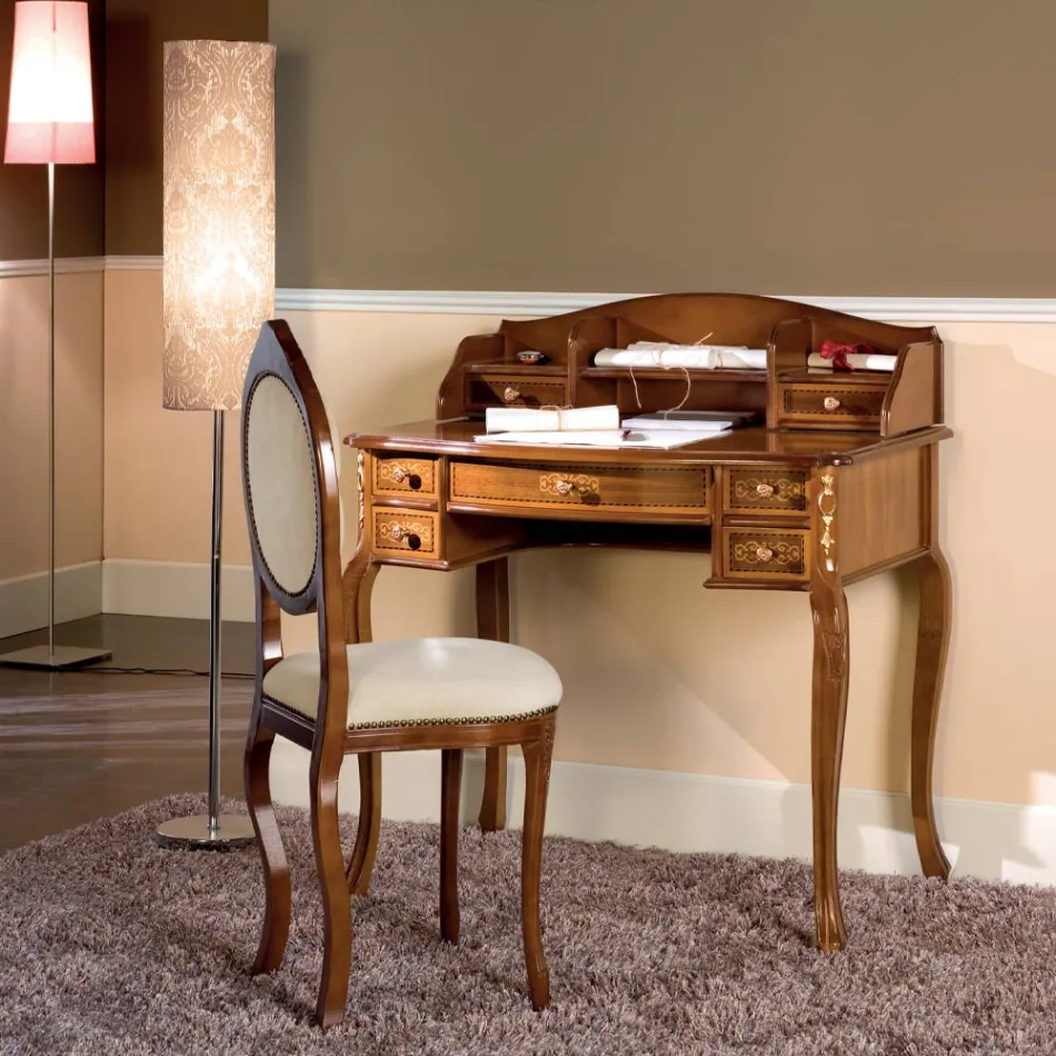 Escritorio 7 cajones de madera de nogal con incrustaciones Made in Italy - Katerine Viadurini