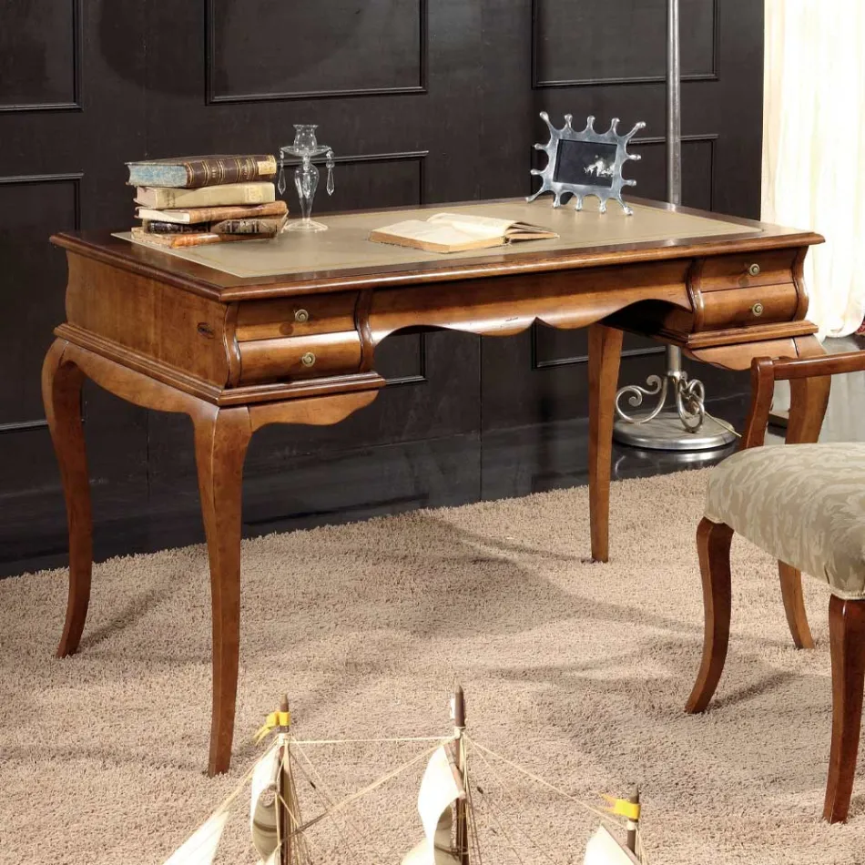 Escritorio con 5 Cajones Madera de Nogal y Ecopiel Made in Italy - Hastings Viadurini