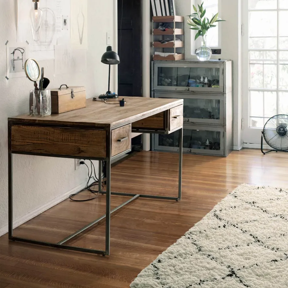 Escritorio Homemotion de acero y madera de acacia con 2 cajones - Benver Viadurini